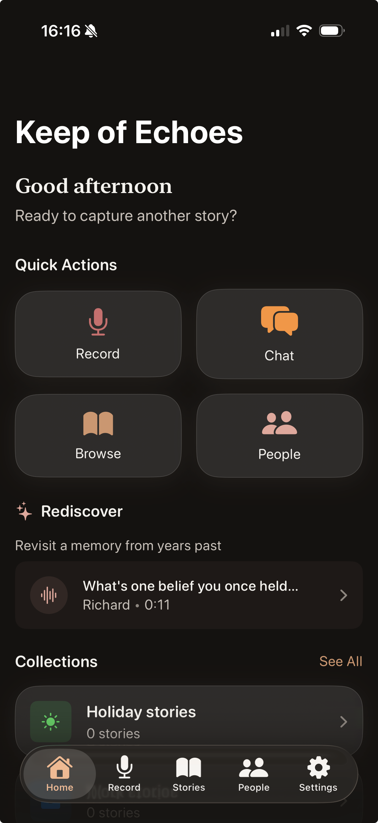 Keep of Echoes app showing Record, Chat, Browse, and People quick actions