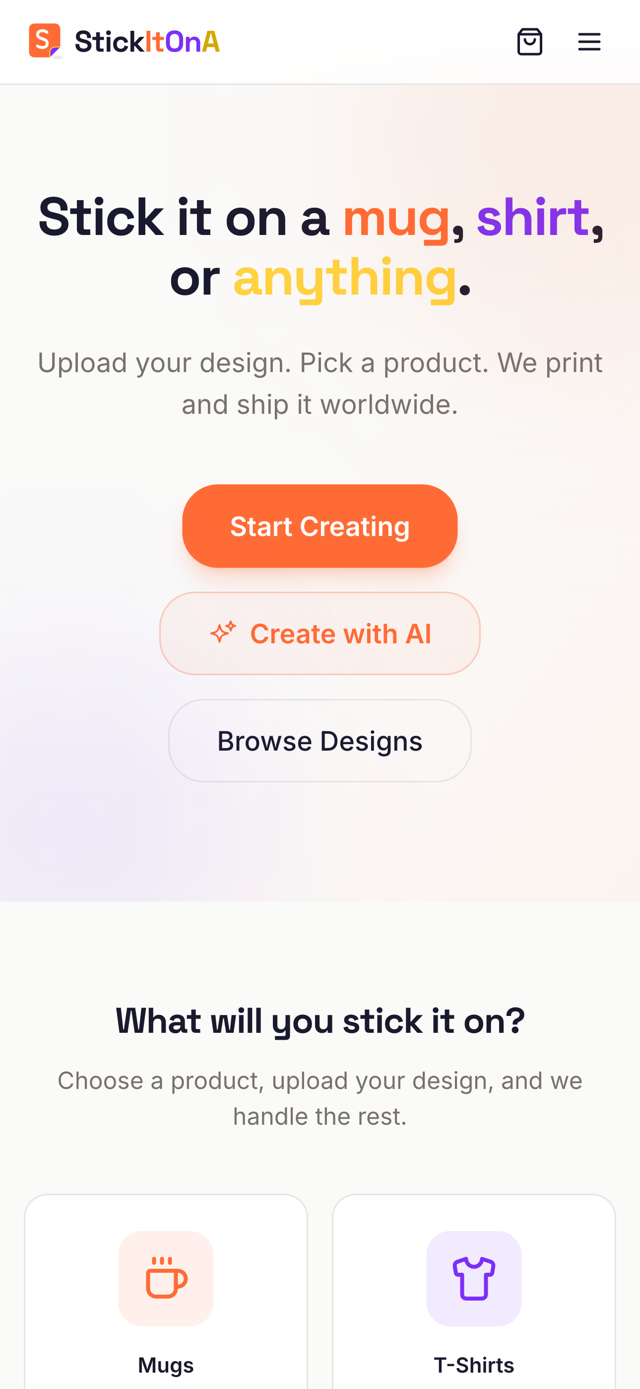 StickItOnA - Custom print on demand for mugs, shirts, and more